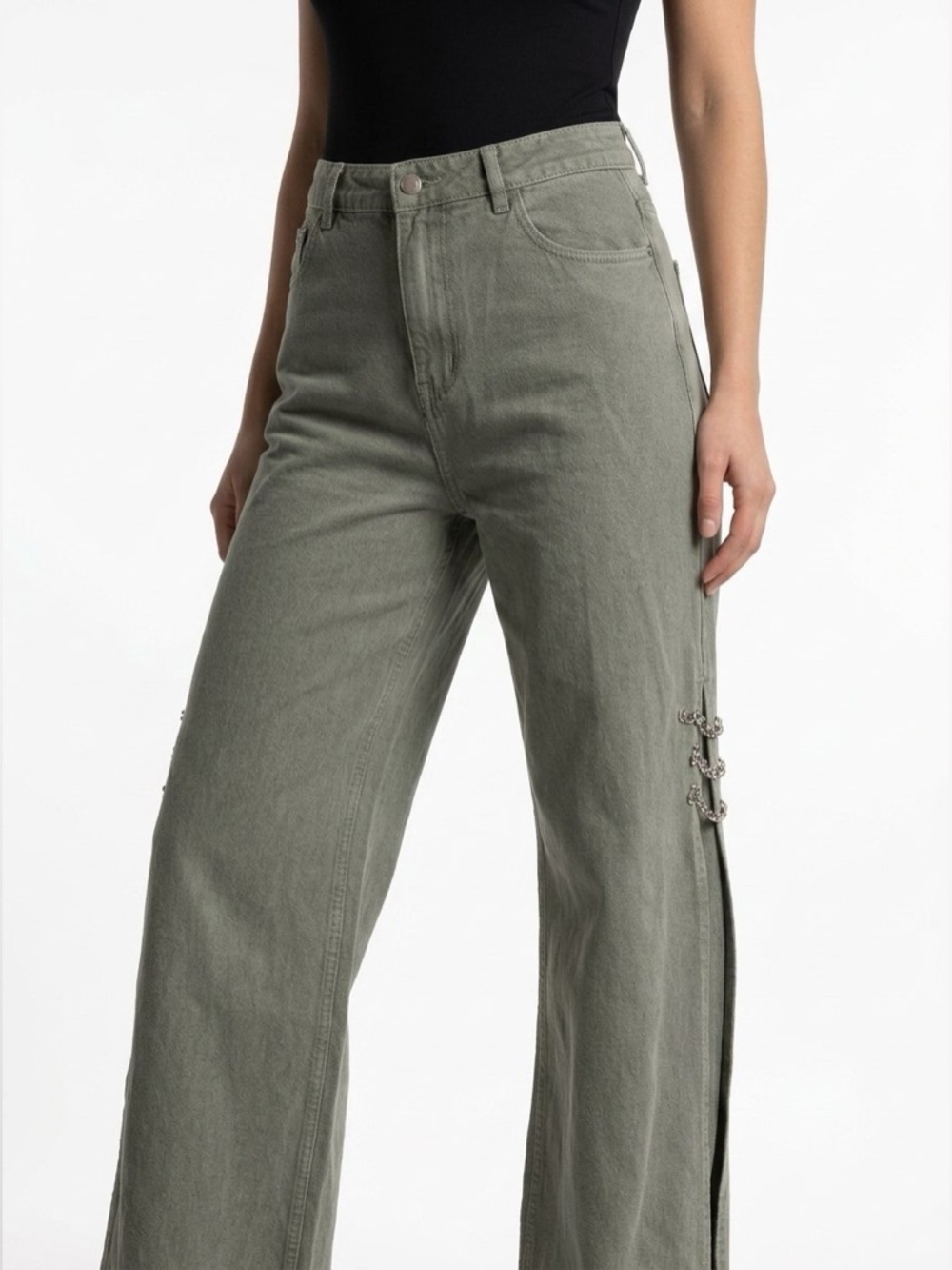 SASSAFRAAS Wide Leg Jeans Chain Detail Olive Green Women's Size XL